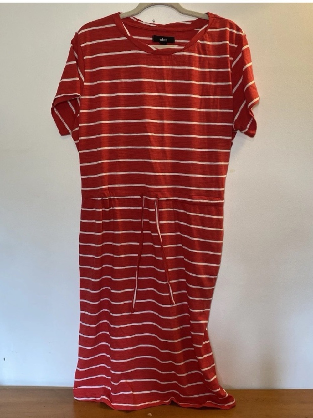 Small 10/12 Dress Red White Striped Tie Waist Drawstring Casual T-shirt Pockets